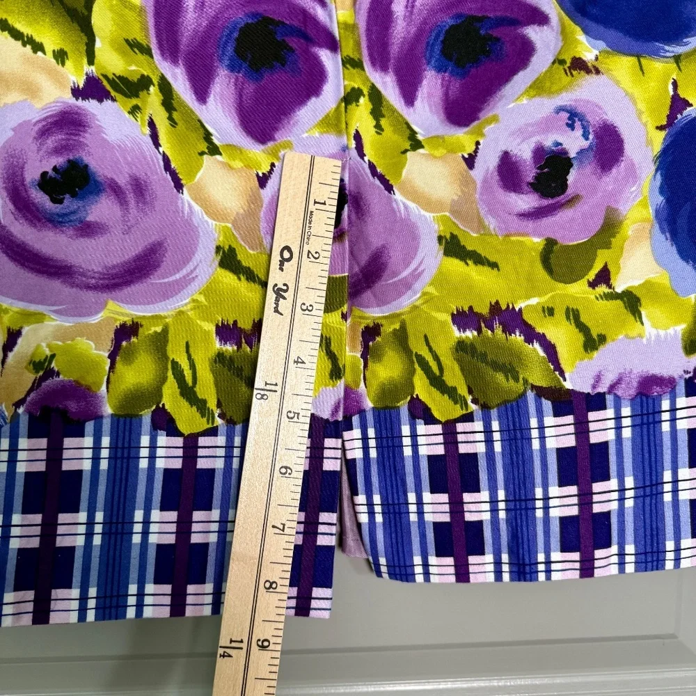 Baraschi Watercolor Bold Floral Pencil Skirt Purple Chartreuse Plaid Size 2